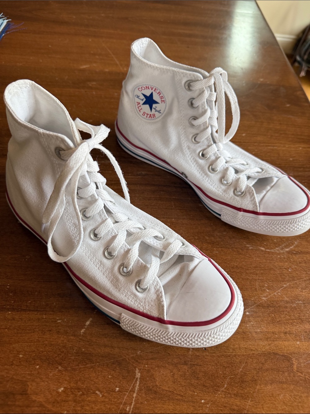 Converse White High Top Sneakers with Red & Blue Trim